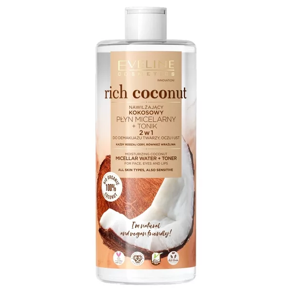 Eveline Rich Coconut, 2w1 nawilżający kokosowy płyn micelarny i tonik, 500ml