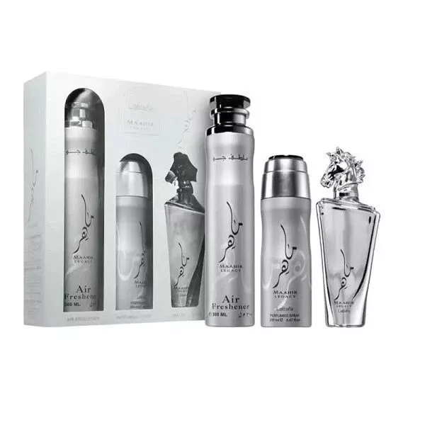 Lattafa Maahir Legacy zestaw woda perfumowana spray 100ml + dezodorant spray 200ml + odświeżacz powietrza 300ml (M)