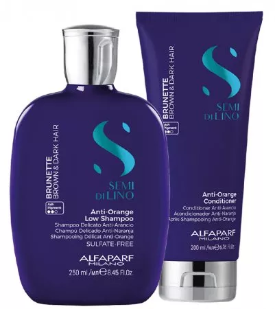 Alfaparf Milano Semi Di Lino Brunette, zestaw redukujący pomarańczowe odcienie dla brunetek, szampon + odżywka