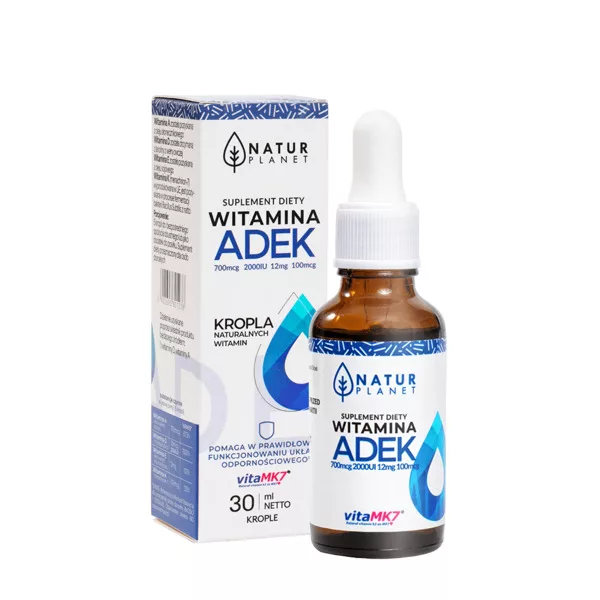 NaturPlanet, Witamina A+D+E+K naturalna/5kropli (A 800 mcg, D3 2000IU, E 12mg, K – 100mcg), 30ml - data ważności (6.2026)