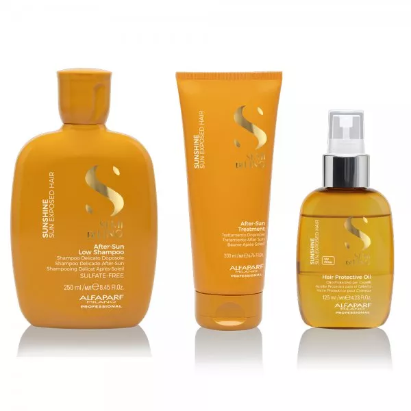 Alfaparf Milano Semi di Lino Sunshine, zestaw do włosów po ekspozycji na słońce, ochrona UV, szampon + kuracja + olejek