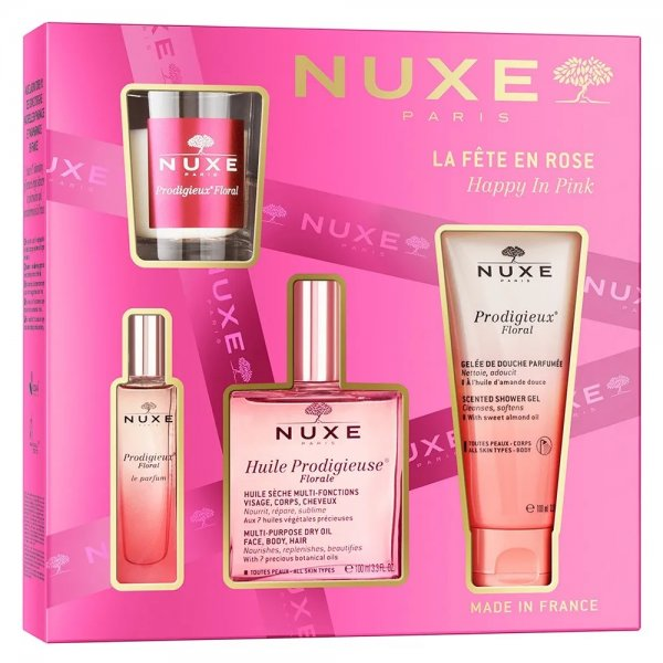 Nuxe Happy In Pink zestaw suchy olejek regenerujący 100ml + żel pod prysznic 100ml + perfumy 15ml + świeca zapachowa 60g (W)