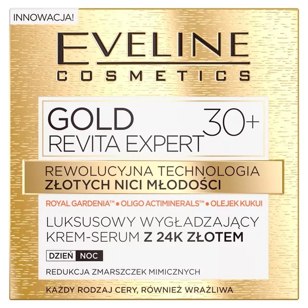 Eveline Gold Revita Expert, wygładzający krem-serum z 24k złotem, na dzień i na noc, 30+, 50ml