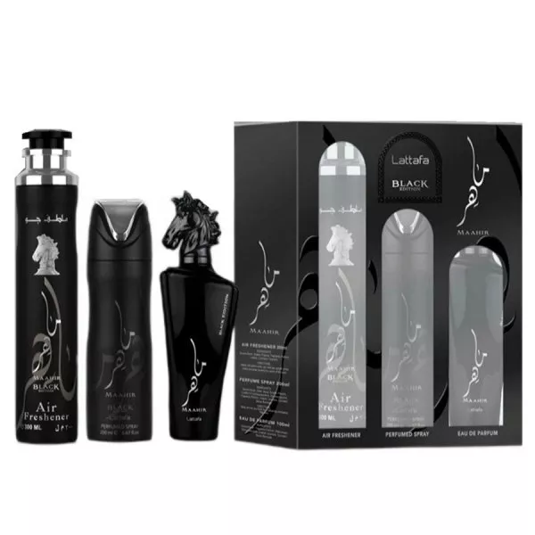 Lattafa Maahir Black Edition zestaw woda perfumowana spray 100ml + dezodorant spray 200ml + odświeżacz powietrza 300ml (U)