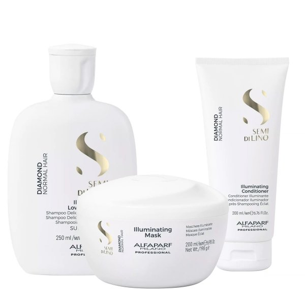 Alfaparf Milano Semi di Lino Diamond, zestaw rozświetlający do włosów, szampon + odżywka + maska