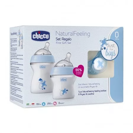 Chicco NaturalFeeling zestaw dla dzieci do karmienia butelka 150ml 0m+ + butelka 250ml 2m+ + smoczek PhysioForma Comfort 0m+ Niebieski