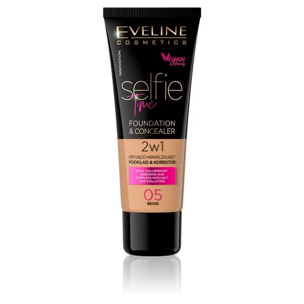 Eveline Selfie Time, kryjąco-nawilżający podkład i korektor 2w1, 05 beige, 30ml