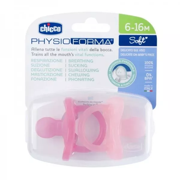Chicco PhysioForma Soft smoczek silikonowy uspokajający 6-16m Różowy 2szt.