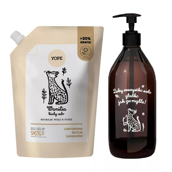 Yope, zestaw mydło w płynie 600ml refill + szklana butelka, wanilia biały cedr