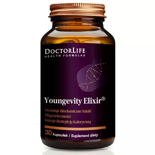 Doctor Life Youngevity Elixir wpływa na biologiczne szlaki przeciwstarzeniowe suplement diety 30 kapsułek