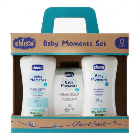Chicco Baby Moments zestaw dla dzieci: płyn do kąpieli 200ml + szampon 200ml + woda toaletowa 100ml (U)