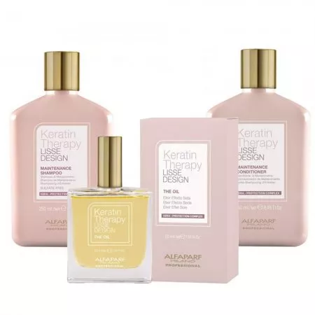 Alfaparf Milano Keratin Therapy Lisse Design, zestaw do włosów po keratynowych prostowaniu włosów, szampon + odżywka + olejek