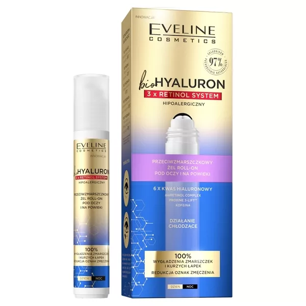 Eveline BioHyaluron 3 x Retinol, przeciwzmarszczkowy żel roll-o pod oczy i na powieki, 15ml