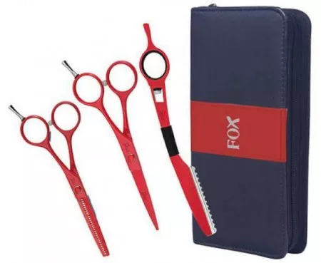 Fox Color, komplet: nożyczki + degażówki + nóż chiński + etui, czerwony