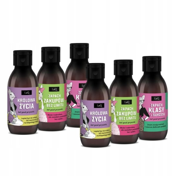 LaQ Czyściopak, zestaw do ciała damski mini, Niezapominajka królowa życia/Kiwi zapach zakupów/Magnolia klasy i sukcesu, 6x100ml