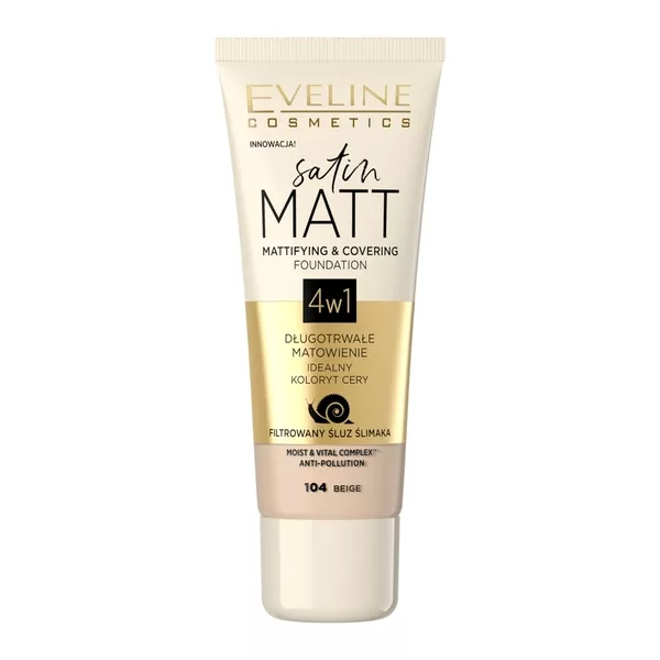 Eveline Satin Matt, matująco-kryjący podkład do twarzy, 104 beige, 30ml