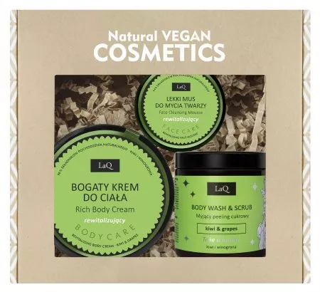 LaQ Zestaw Kiwi i Winogrona: scrub 220g + krem do ciała 200ml + mus do mycia twarzy 40g