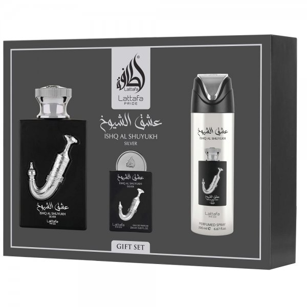 Lattafa Ishq Al Shuyukh Silver zestaw woda perfumowana spray 100ml + woda perfumowana spray 20ml + dezodorant spray 200ml (U)