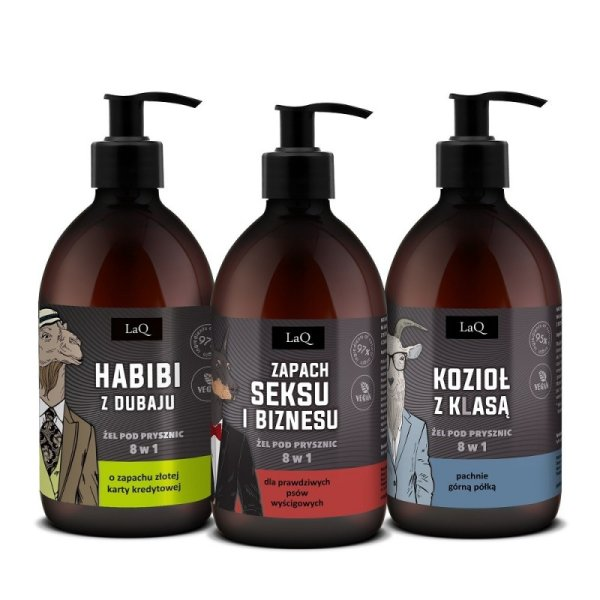 LaQ Czyściopak męski zestaw do ciała, Habibi z Dubaju/Zapach seksu i biznesu/Kozioł z klasą, 3x500ml