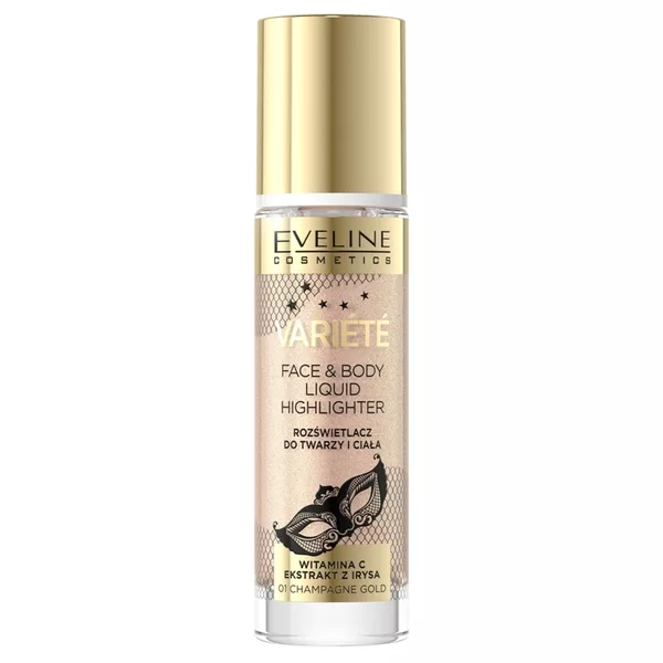 Eveline Variété, płynny rozświetlacz do twarzy i ciała, 01 champagne gold, 30ml