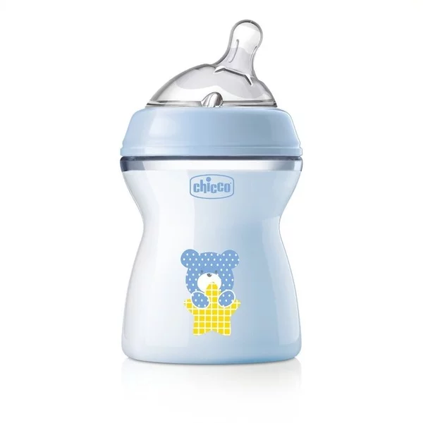 Chicco NaturalFeeling butelka plastikowa ze smoczkiem silikonowym przepływ średni dla dzieci 2m+ Niebieska 250ml