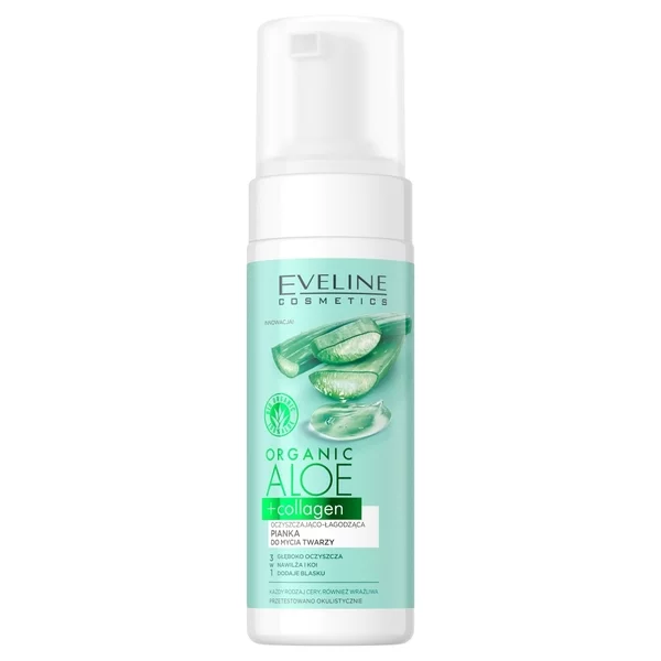 Eveline Organic Aloe + Collagen, oczyszczająco-łagodząca pianka do mycia twarzy 3 w 1, 150ml