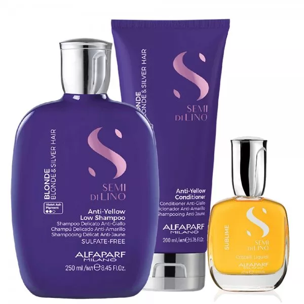 Alfaparf Milano Semi Di Lino Blonde, zestaw ochładzający odcień blond i siwy, szampon + odżywka + olejek