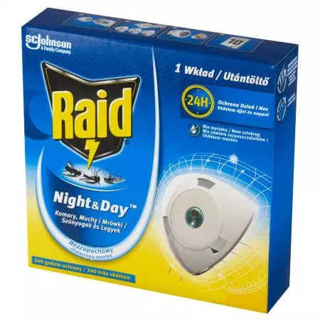 Raid Night & Day, przeciw muchom, komarom i mrówkom, wymienny wkład do elektrofumigatora owadobójczego, 1szt.