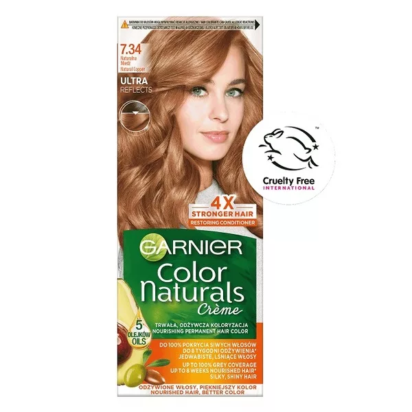 Garnier Color Naturals, odżywcza farba do włosów, do 100% pokrycia siwych włosów, 7.34 Naturalna Miedź
