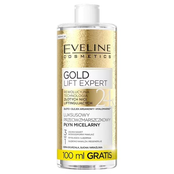 Eveline Gold Lift Expert, luksusowy przeciwzmarszczkowy płyn micelarny 3w1, 500ml