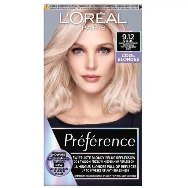 L'Oreal Paris Préférence Trwała Farba do Włosów, 9.12 Siberia Bardzo Jasny Popielaty Beżowy Blond