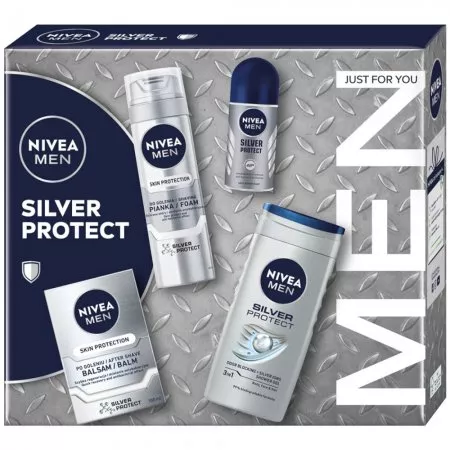 Nivea Men Silver Protect Collection zestaw pianka do golenia 200ml + balsam po goleniu 100ml + antyperspirant roll-on 50ml + żel pod prysznic 3w1 250ml (M)