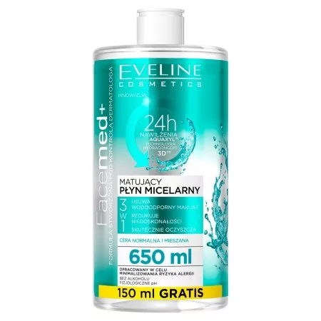 Eveline Facemed+, matujący płyn micelarny 3w1, 650ml