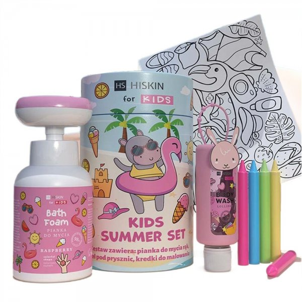 HiSkin Kids Summer Pink zestaw dla dzieci płyn do kąpieli 75ml + pianka do mycia 300ml + kredki 5szt + kolorowanka