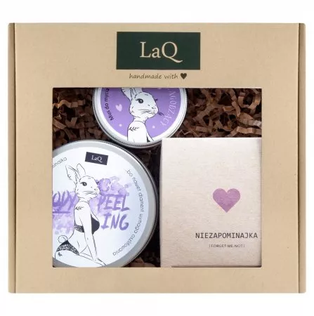 LaQ, Zestaw: Króliczka Niezapominajka - peeling, masło do ciała i mus do mycia twarzy