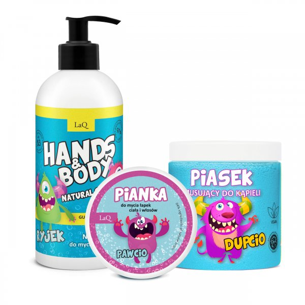 LaQ Guma Balonowa, zestaw do ciała dla dzieci, żel 300ml + piasek niebieski 190g + pianka do łapek niebieska 20g (sianko)